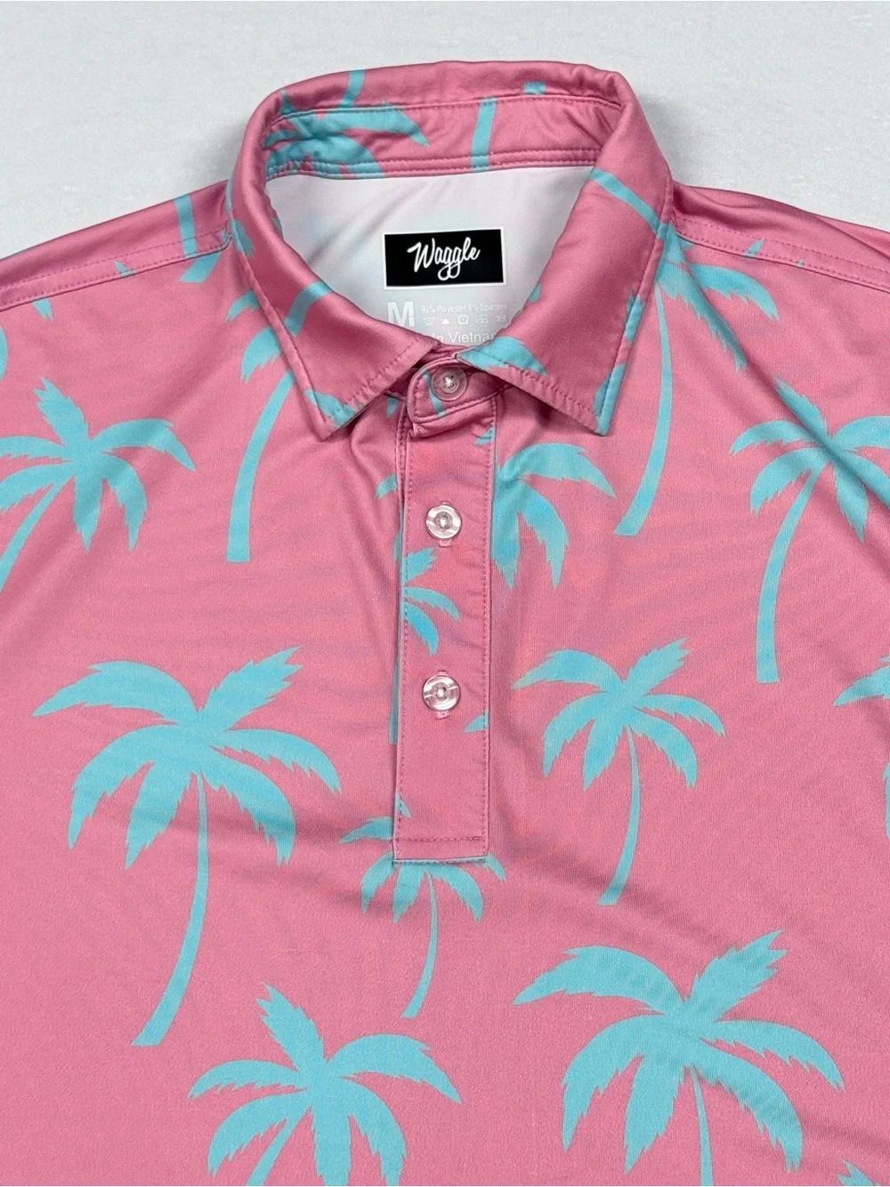 Men’s Waggle Golf Medium Pink/Blue Palms Performance Polo Short Sleeve - Picture 2 of 6